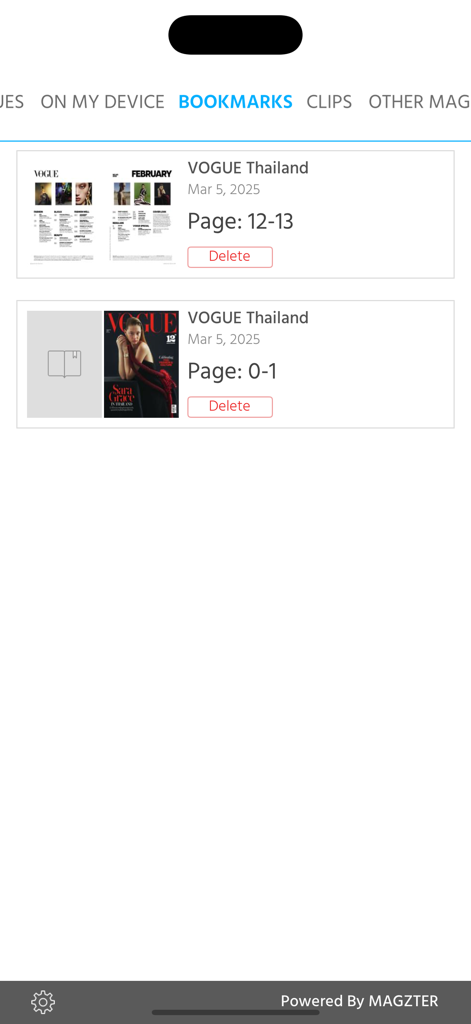 VOGUE Thailand - The bookmarks section of the VOGUE Thailand app showing saved magazine pages and thumbnails.