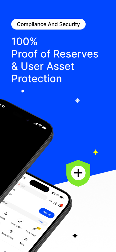 BingX: Buy Bitcoin & Crypto - BingX app interface highlighting compliance security and 100 percent proof of reserves