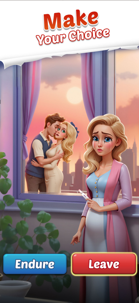 Bubbles Shooter - A dramatic story scene in Bubbles Shooter featuring a crying pregnant woman and a choice between Endure or Leave buttons.