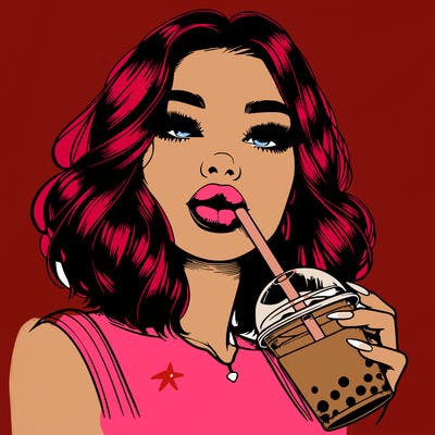 realistic girl with glossy lips holding boba