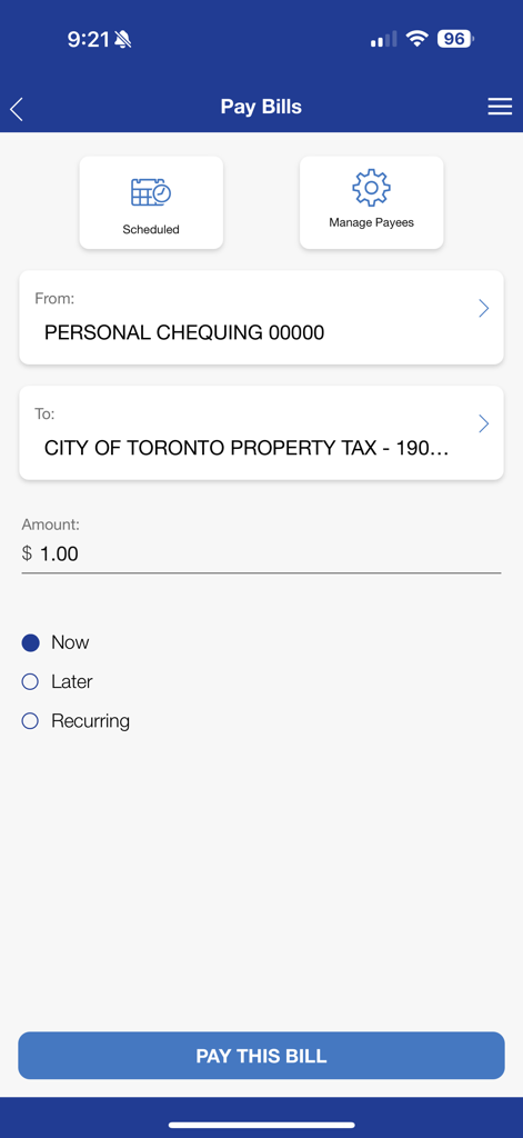 Polish Credit Union Mobile - Pay Bills screen of the Polish Credit Union mobile banking app with options for scheduled payments and managing payees