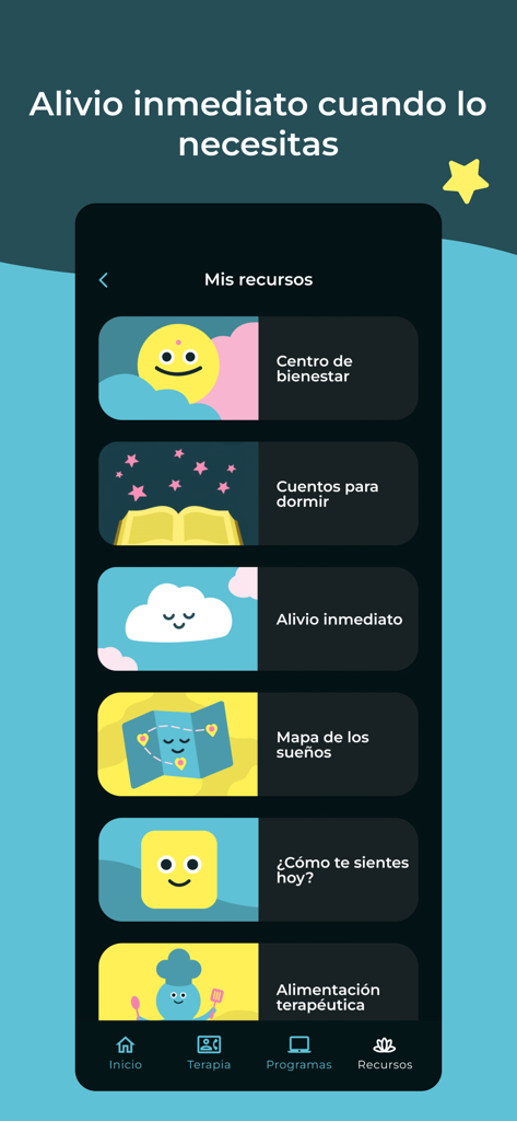 Starbien App - Interface do aplicativo móvel Starbien mostrando uma lista de recursos de saúde mental, incluindo histórias para dormir, ferramentas de alívio imediato e um rastreador de humor.
