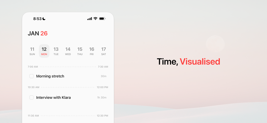 Momento - Planner - Momento Planner app interface displaying a minimalist visual daily timeline for time-blocking.