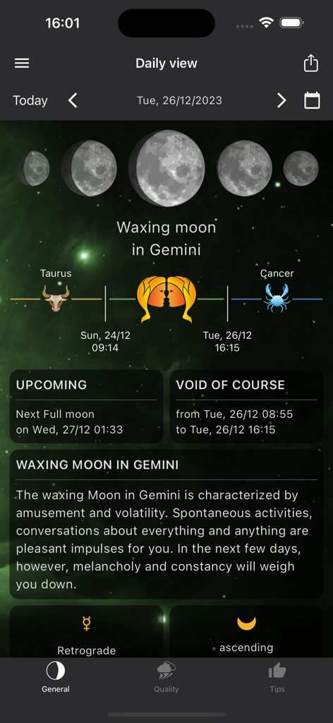 MoonWorx Lunar Calendar - MoonWorx app interface showing daily moon phase and zodiac sign details