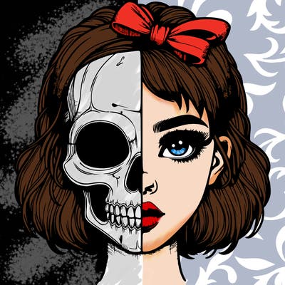 realistic girl with half skull mask