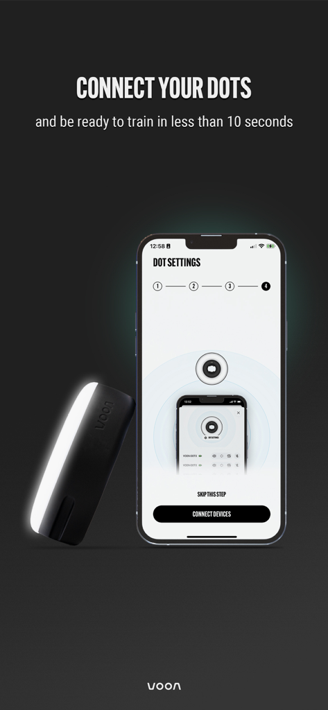Voon Sports - Smartphone screen showing the Dot settings and device connection process for Voon Sports reaction lights