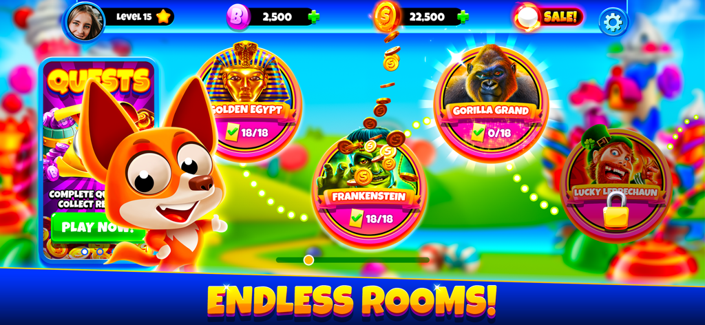 Xtreme Bingo! Slots Bingo Game - Écran de sélection de niveau coloré pour Xtreme Bingo montrant diverses salles thématiques et une mascotte renard de dessin animé