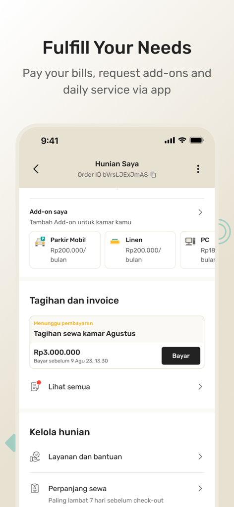 Interfaz de la aplicación Rukita que muestra opciones de pago de facturas y gestión de residencia