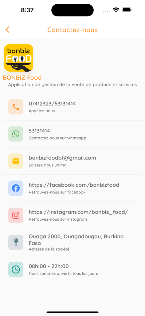 Pagina di contatto di Bonbiz Food che mostra telefono, WhatsApp, email, collegamenti ai social media e indirizzo aziendale a Ouagadougou.