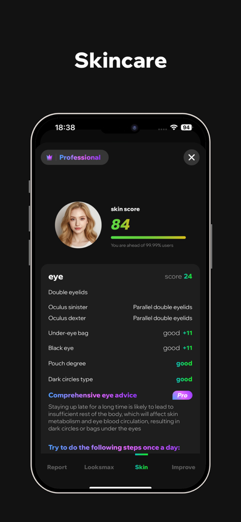 AnimalFace - looksmax ai score - Mobile app interface displaying a skincare score and detailed eye analysis using AI