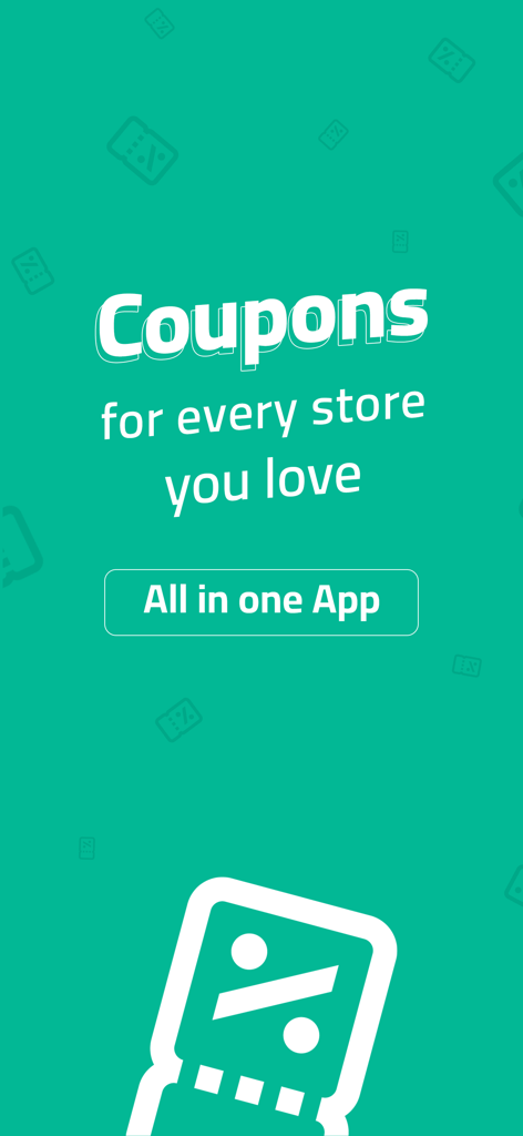 Écran d'introduction de l'application Saudi Coupons présentant le slogan Coupons pour chaque magasin que vous aimez, le tout dans une seule application sur fond sarcelle.