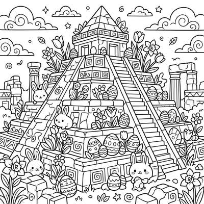 Discover a wonderfully imaginative coloring page where ancient pyramid blocks meet the joyful spirit of Easter. This unique design is perfect for adding vibrant colors to bunnies, eggs, and spring flowers.