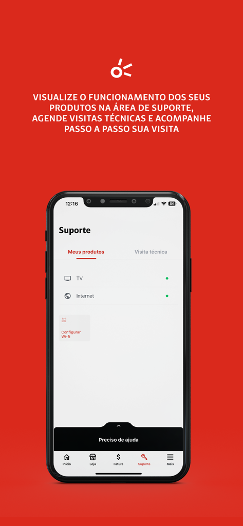 Minha Claro Residencial (NET) - Um smartphone exibindo a seção de suporte do aplicativo Minha Claro Residencial com opções para solução de problemas e visitas técnicas.