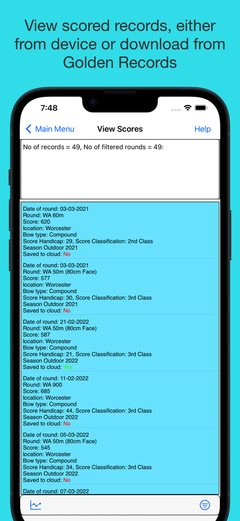 ArcheryLink - ArcheryLink app interface displaying a list of saved archery scores including dates round types and classifications