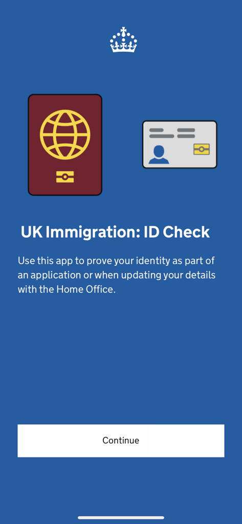 Pantalla de bienvenida de la aplicación Verificación de Identidad de Inmigración del Reino Unido con íconos de un pasaporte y un documento de identidad