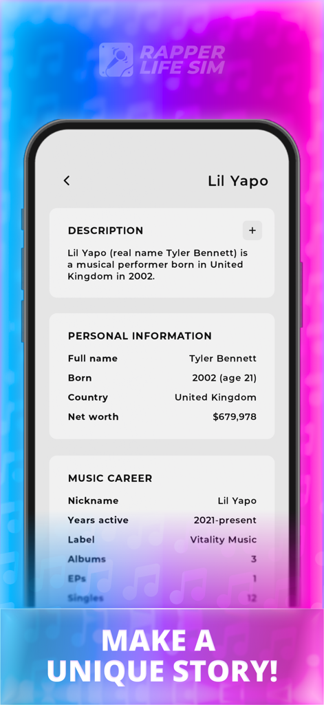 Rapper Life Simulator - A character profile screen in the Rapper Life Simulator mobile game showing personal information and music career stats.