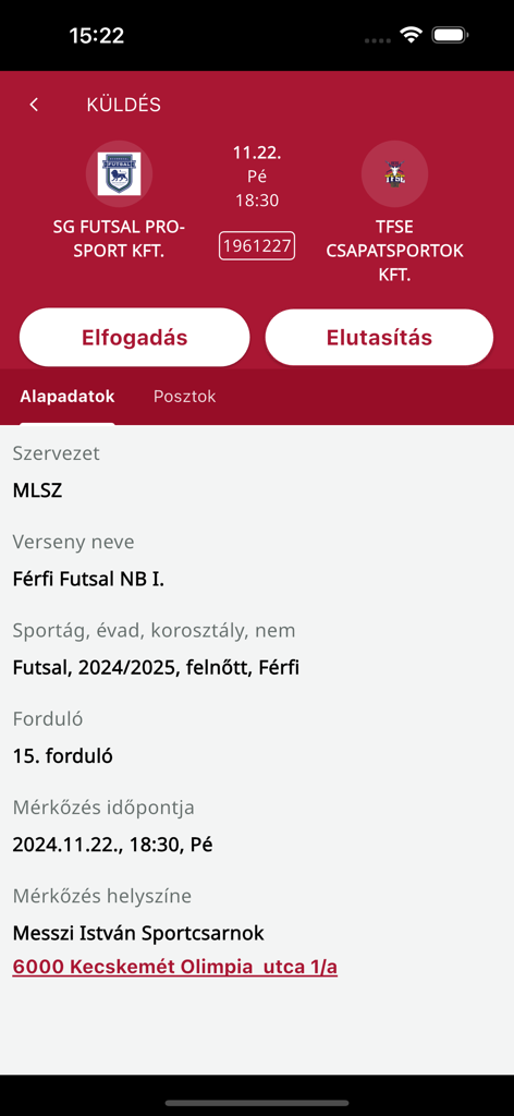 MeccsnApp screen displaying details for a Hungarian futsal match assignment with buttons to accept or reject.