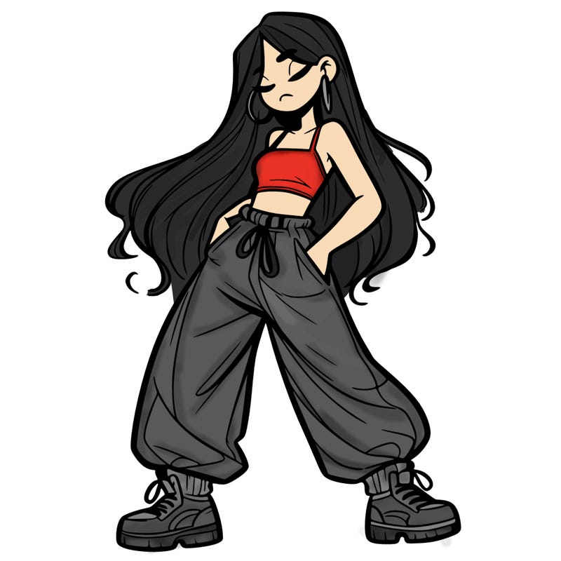 girl in baggy pants crop top and long hair
