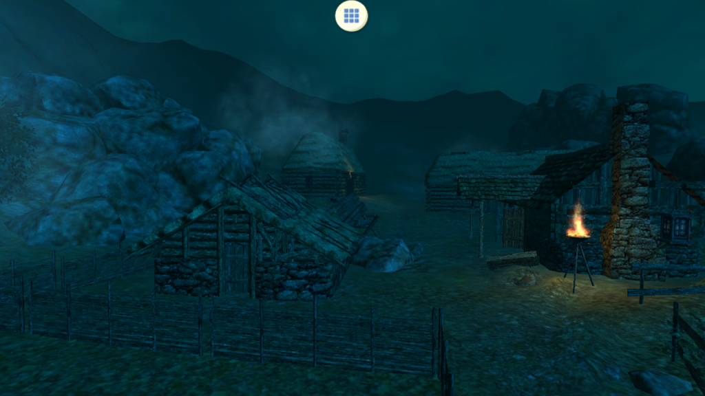 Pueblo medieval renderizado en 3D por la noche con niebla atmosférica e iluminación de antorchas