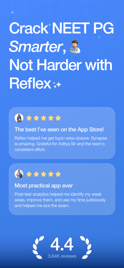 Reflex - NEET PG Preparation - User reviews and 4.4 star rating for the Reflex NEET PG preparation app
