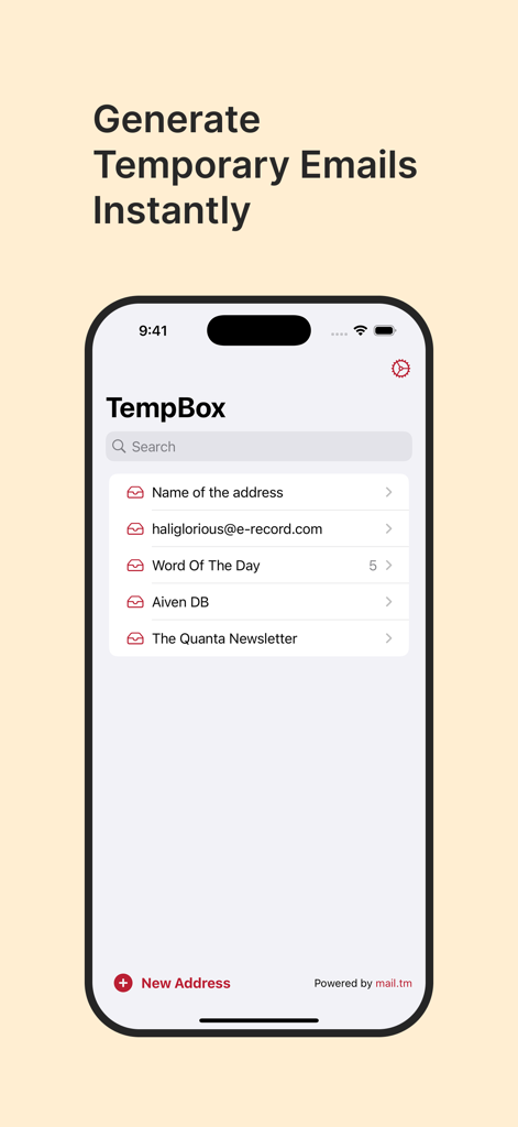 TempBox - Temp Mail - iPhone screenshot of the TempBox app showing the interface to generate and manage multiple temporary email addresses.