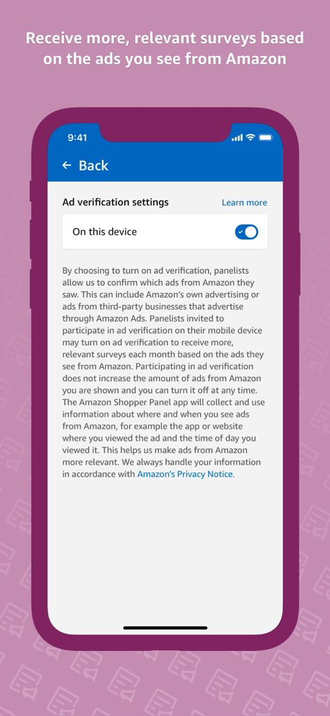 Amazon Shopper Panel - Interfaz de la aplicación Amazon Shopper Panel que muestra la configuración de verificación de anuncios con un interruptor activado.