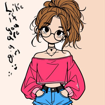 girl with a messy ponytail glasses a baggy crop top and jean shorts