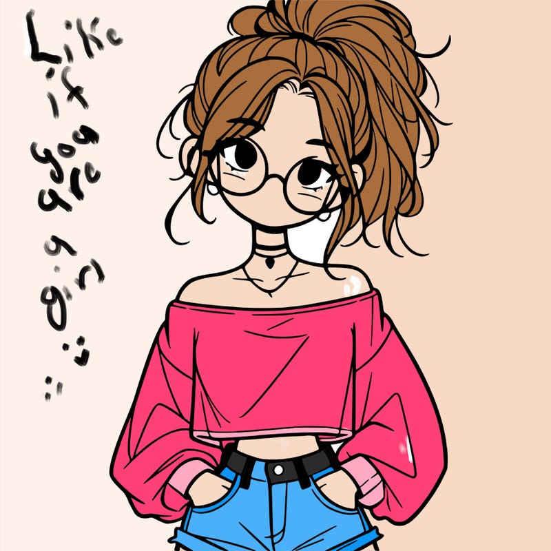 girl with a messy ponytail glasses a baggy crop top and jean shorts