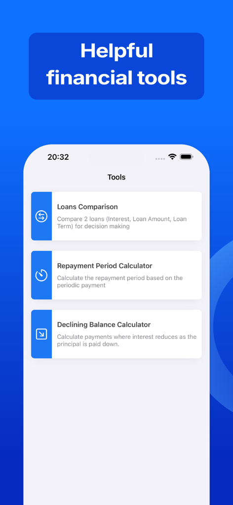 Loan Calculator - Payment Calc - Interfaccia di un'app calcolatore prestiti che mostra strumenti per il confronto dei prestiti e il periodo di rimborso