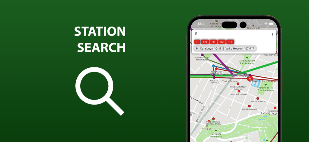 Interface do aplicativo de transporte público de Barcelona mostrando o recurso de busca de estações