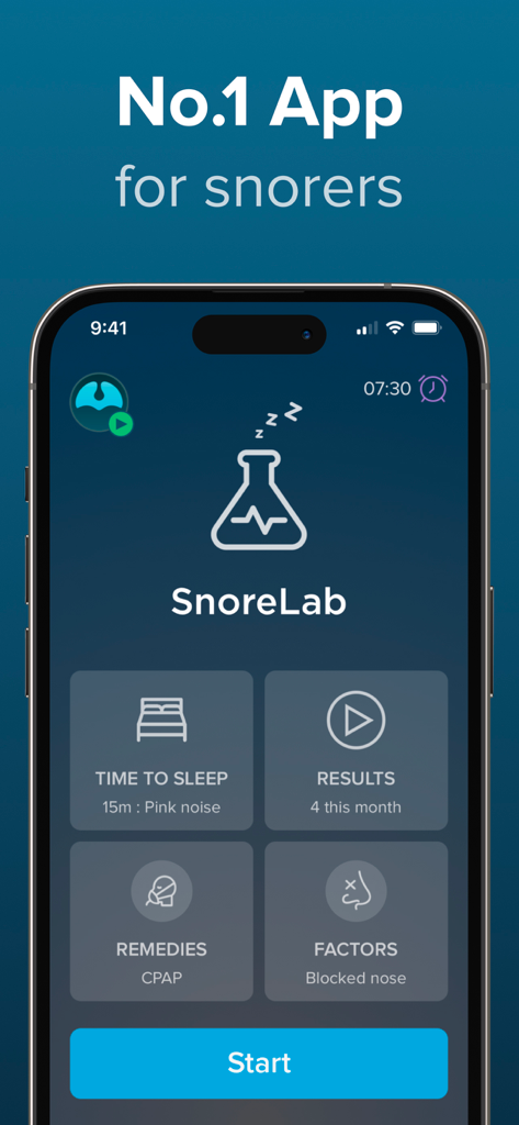 SnoreLab : Record Your Snoring - Interface principale de l'application SnoreLab pour le suivi des ronflements et de la qualité du sommeil.