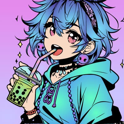 hot baddie anime girl drinking boba and biting the straw