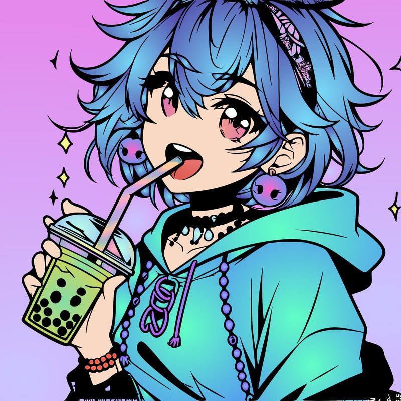 hot baddie anime girl drinking boba and biting the straw