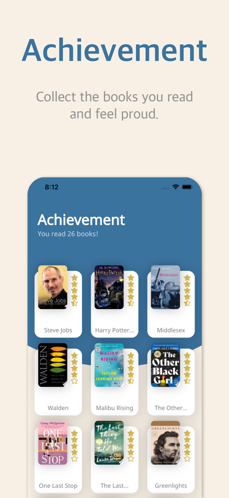 Bookmory app achievement screen showcasing a collection of read books with star ratings