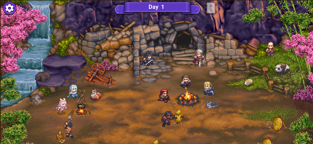 Tyrant's Blessing - Pixel art campsite scene with heroes and animals in the game Tyrants Blessing