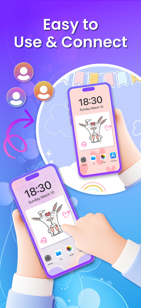 Two iPhones displaying shared hand-drawn rabbit doodles on their lock screens
