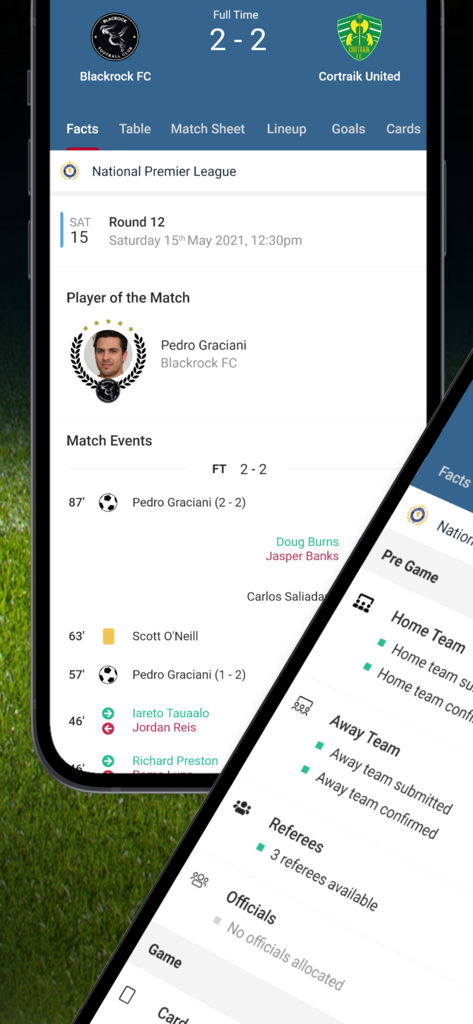 Dribl - Dribl app interface showing soccer match scores, player stats, and game event timeline.
