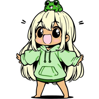 a excited chibi girl whith long hair and a baggy shirt whith a frog on there head