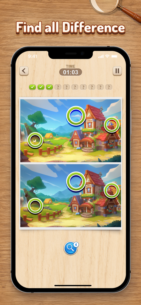 Find the Difference HD - Find the Difference HD mobile game screen showing two village pictures with circled differences and a timer