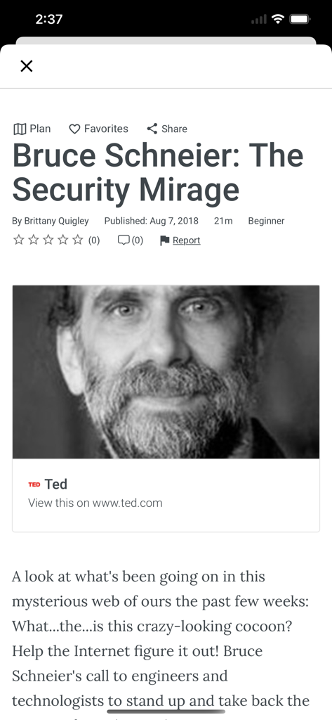 Exceed LMS - Exceed LMS app screen featuring a TED talk lesson by Bruce Schneier