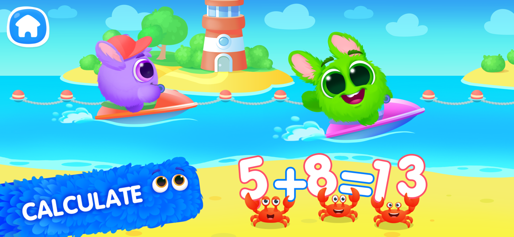 Math addition learning game for kids featuring colorful characters on a beach