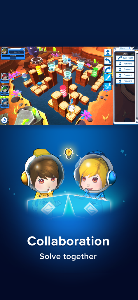 Screenshot of Coding Galaxy showing a 3D coding puzzle and a feature for children to collaborate and solve tasks together.