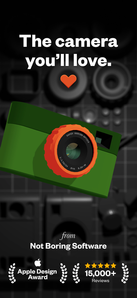 Promotional screen for the Not Boring Camera app featuring an Apple Design Award badge and a stylized 3D camera model.