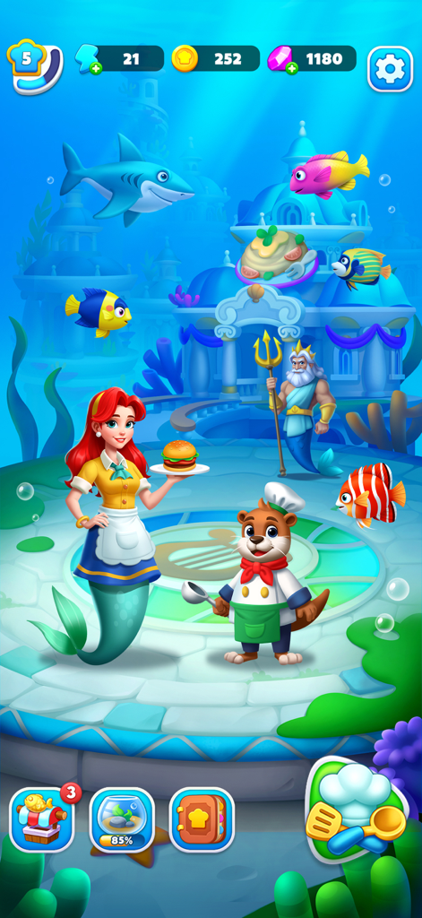 Merge Ocean - Cooking & Decor - Mermaid waitress and otter chef in an underwater aquarium restaurant.