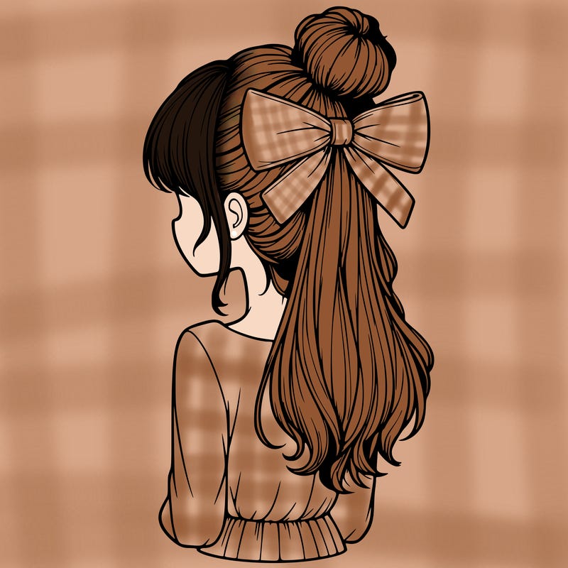 realistic girl  with hip length hair a bun and a big bow on the back of head