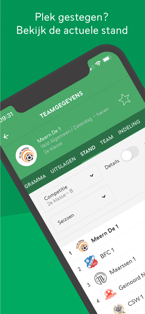 Voetbal.nl - De officiële app - アマチュアサッカーリーグの順位とチームランキングを示すVoetbal.nlアプリインターフェイス。