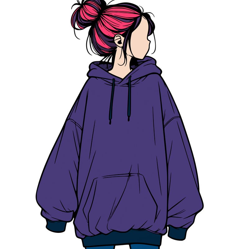 realistic girl with a oversized sweatshirt on and a bun