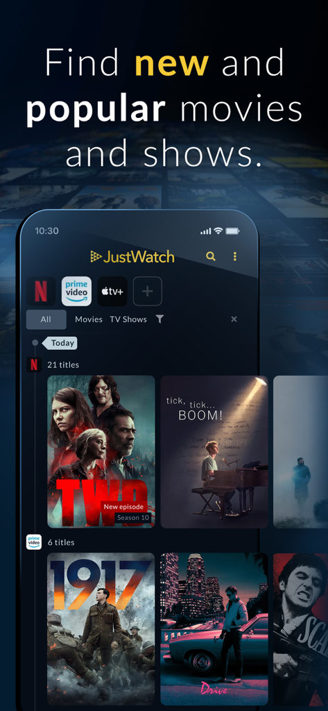 JustWatch app interface displaying popular movies and TV shows from various streaming services