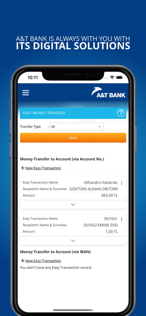 A&T Bank Mobile - The money transfer screen of the A&T Bank Mobile app featuring options for easy transactions and account transfers.