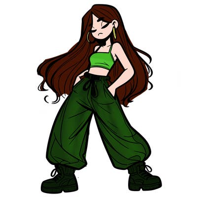 girl in baggy pants crop top and long hair